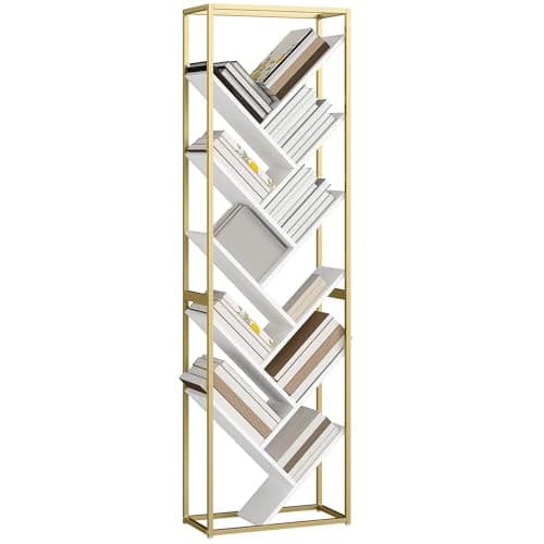 Image of HOMCOM Tree Bookshelf, 10 Tier Floor Standing Bookcase, Modern Tall Display Storage Shelving Unit for Living Room, Home Office, Bedroom, White and Gold Tone