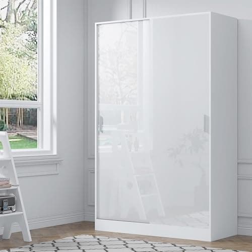 Image of Reflect 2 Door Sliding Wardrobe | White Gloss & Matt White | Bedroom Storage with Hanging Rails & Shelves | H: 180cm x W: 120cm x D: 58cm | Modern Space Saving Design