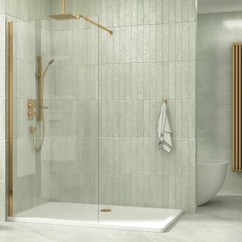 Image of Brushed Brass 760mm Wet Room Walk in Shower Screen with 8mm Clear Easy Clean Safety Tempered Glass Panel & Stainless Steel Support Bars Shower Enclosure Cubicle 1850mm Height