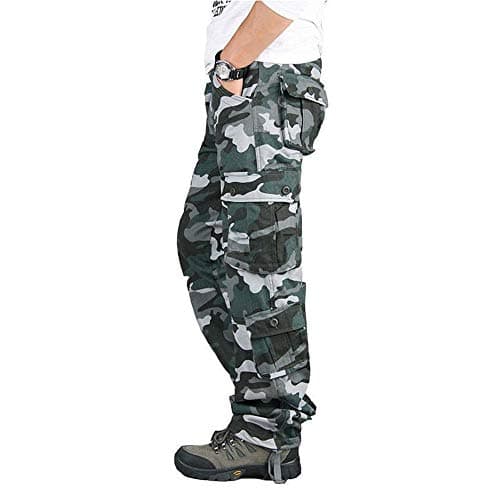 Image of FANSU Mens Work Trousers Multi Pockets Slim Fit, Camouflage Cargo Combat Workwear Trousers Elasticated Waist High Waist Hippie Cotton Pants (Blue,30)