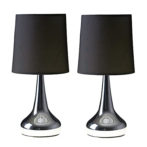 Image of MiniSun | Modern Chrome Teardrop Touch Table Lamps with Black Fabric Shades | Table Lamps, Home Décor & Improvement Essential | Set of 2 | Includes 5W LED Bulbs [3000K Warm White]