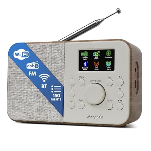 Image of MangoKit SR-L Portable DAB Radio with Bluetooth 5.3-DAB+,FM & Internet Radio with WIFI, Podcasts,150 Presets, Alarm Clock Radio, Kitchen Radio with Full Colour Display, Mains or Battery Powered-Walnut