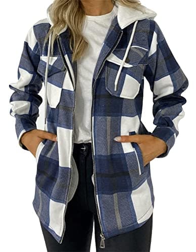Image of RAIS Ladies Check Oversized Hooded Fleece Jacket Shacket Casual Winter Shirt (Navy, 12-14)