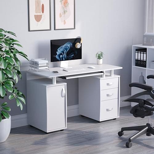 Image of Vida Designs Otley Computer Desk with Shelves and 3 Drawers, Home Office PC/Laptop Gaming Table, Study Workstation with Keyboard Tray, Furniture, White