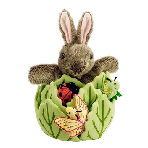 Image of The Puppet Company - Hide Away Puppets - Rabbit in A Lettuce with 3 Mini Beasts Hand Puppet, Assorted Colours, 33 centimeters