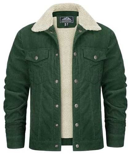 Image of KEFITEVD Jackets for Men UK Sherpa Fleece Lined Trucker Coat Winter Warm Corduroy Jacket with 5 Pockets,Emerald Green,M