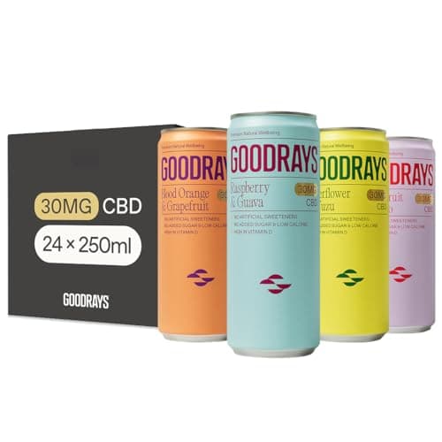 Image of Goodrays - 30mg CBD Drink Mixed Pack - 24 x 250ml Cans - Natural Flavours, Low Calorie, Vegan - 4 Great Flavours - High Strength (30mg/can), All Natural - Reduce Stress & Unwind