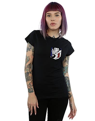 Image of Looney Tunes Women's Pepe Le Pew Face Faux Pocket T-Shirt Large Black