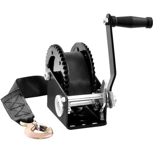 Image of VEVOR Hand Winch, 2000 lbs Pulling Capacity, Boat Trailer Winch Heavy Duty Rope Crank with 23 ft Polyester Strap and Two-Way Ratchet, Manual Operated Hand Crank Winch for Trailer, Boat or ATV Towing