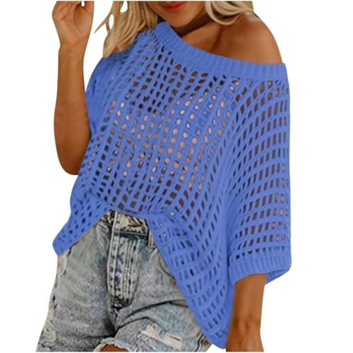 Image of Womens Y2K Crochet Fishnet Long Sleeve Top Off The Shoulder Jumper Going Out Oversized Knitted Cover Up Sweater Lightweight Baggy Hollow Out Pullover Tops Knitwear Summer Blue L