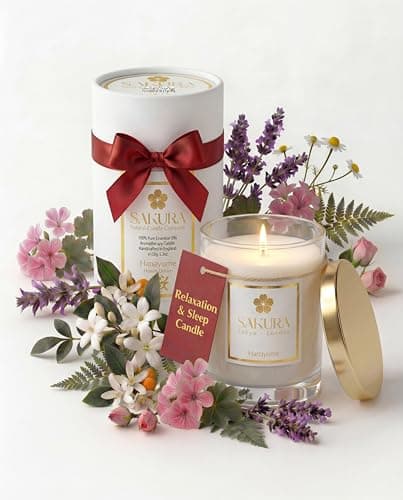 Image of Sakura Aromatherapy Sleep & Relaxation Candle. Luxury Scented Candle Gift with Lavender, Geranium, Neroli & Clary Sage Essential Oils