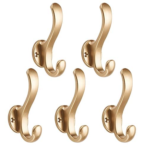 Image of WASYPLSFOI Wall Hooks Over Door Key Towel Coat Hat Purse Hanger Holder Rack Double Hooks Heavy Duty for Wall Bathrooms Hanging Hooks, 5 Pack Gold