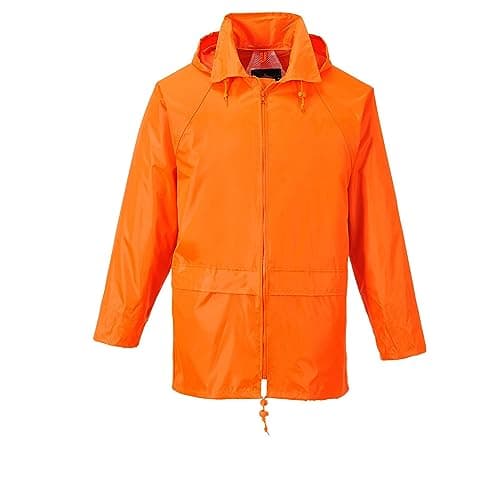 Image of Portwest S440 Classic Rain Jacket Waterproof Coat Windbreaker Raincoat Hooded Workwear Pack Away Taped Seams Vented EN 343 PFAS Free Texpel Splash Eco UPF 40+, Orange, L