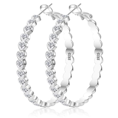 Image of Senteria 925 Sterling Silver Hoop Earrings Hypoallergenic Lightweight Silver Hoops Earrings for Women Cubic Zirconia Large Heart Hoop Earrings 30/40/50MM