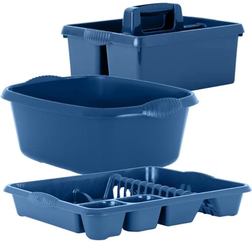 Image of KetoPlastics Navy Kitchen Set - 3 Piece - Large 14L Washing Up Bowl, Kitchen Sink Organiser Caddy Tidy & Large Dish Drainer For Kitchen - Made in UK
