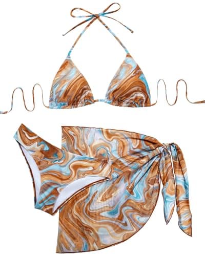 Image of Women's 3 Piece Sexy Triangle Bikini Set with Sheer Mesh Sarong Cover Up - Halter Swimsuit for Beach Vacation 2026, Marble, S