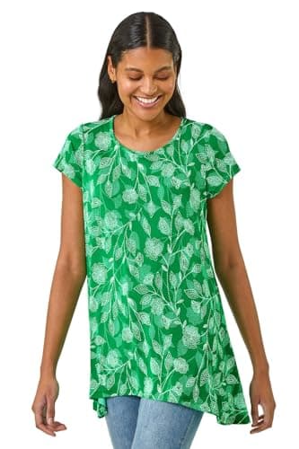 Image of Roman Originals Hanky Hem Tunic Top for Women UK - Ladies Longline Blouse Asymmetric Hemline Short Sleeves Casual Slouch Loose Summer Spring Relaxed Comfortable - Green Floral - Size 12