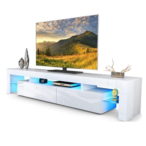 Image of Panana Modern TV Unit Stand Cabinet High Gloss Front Matt Body with RGB LED Lights, 160 x 35 x 45 cm (White)