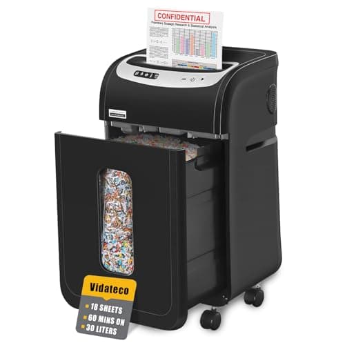 Image of Vidateco 18-Sheet Micro Cut Paper Shredder Heavy Duty, 60-Minute Shreds Paper/Card/Staple/Clip Paper Shredder for Home Office Use, P-4 Security Level Jam Proof System 30L Pullout Basket and Wheels