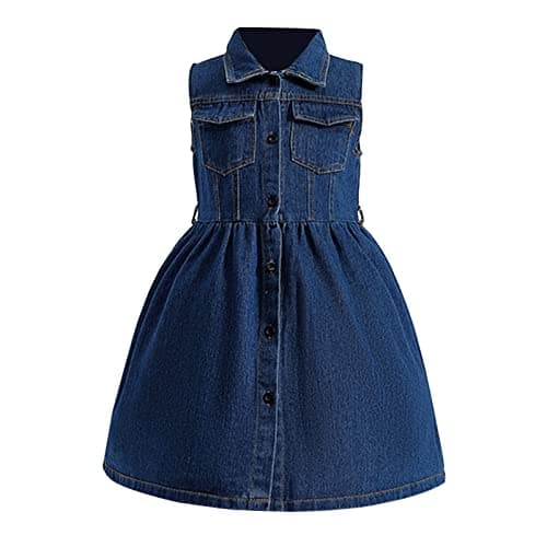 Image of Momolaa 6-7 Years Kids Toddler Girls Sleeveless Denim Dress with Button Front Collared Neck Pocket Shirt Jeans Dress Cute Trendy Blue