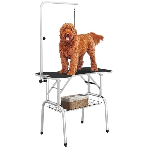 Image of PawHut Foldable Dog Grooming Table Pet Drying Table with Adjustable Arm Non-Slip Rubber Tabletop Aluminium Alloy Edge Stainless Steel Bar Sling 94.5 x 55 x 81cm Black