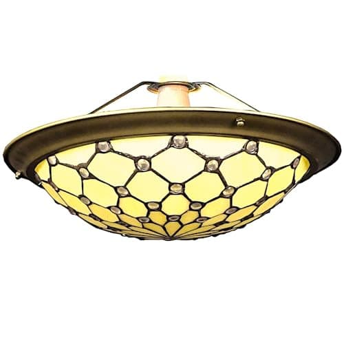 Image of Britalia Tiffany Glass Pendant Shade, Antique Brass, Dome, Traditional Art Deco, Beige Clear, Dragonfly Floral Pattern, 35cm, Easy Fit