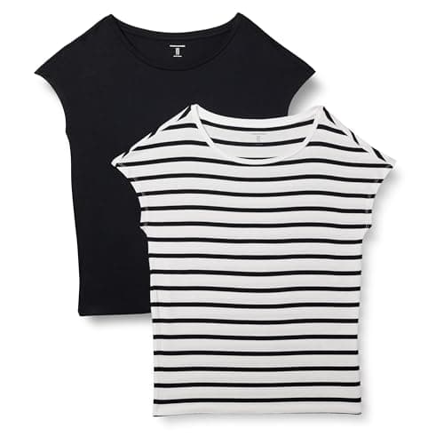 Image of Amazon Essentials Women's Jersey Regular-Fit Short-Sleeve Boat-Neck T-Shirt, Pack of 2, Black/White French Stripes, M