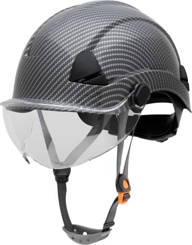 Image of Honeywell Fibre Metal Safety Helmet with Visor, Hard Hat for Construction, Non-Vented, 4-point buckle chinstrap, 6-point ratchet suspension, Resistant to extreme temperatures, Hydrographic, FSH10080