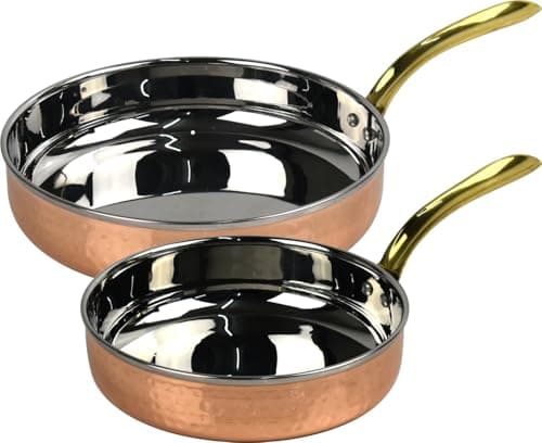 Image of Catergold Set of 2 Traditional Hammered Pans Copper and Stainless Steel with Brass Handles Professional Kitchen Frying Pans for Gas, Electric & Induction Stoves (2X 16cm & 18.5cm)