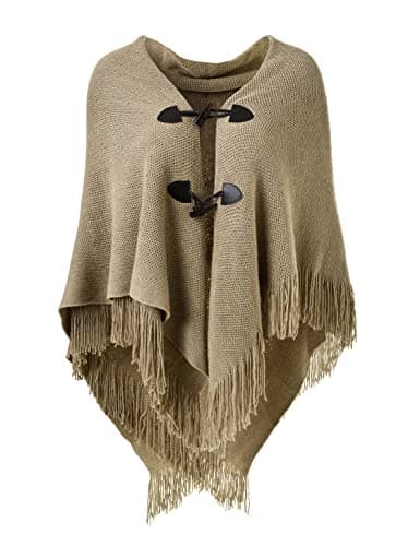 Image of Ferand Women's Open Front Poncho Loose Fitting Fringed Cape Shawl for Autumn Winter 2023 - One Size - Khaki