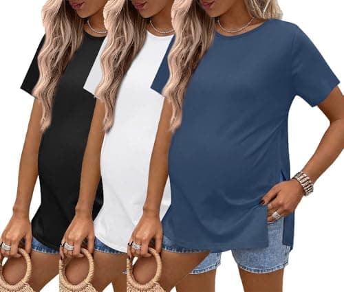 Image of Ekouaer 3 Pack Women's Short Sleeve Maternity Tops Loose Fit Basic T-Shirt Split Side Casual Pregnancy Clothes Dark Blue + White + Black L