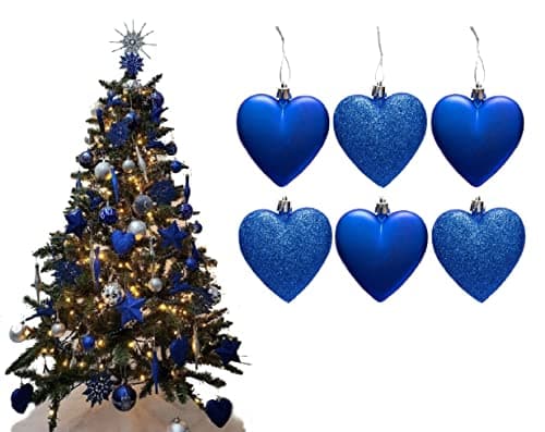 Image of 6pc Large Glitter & Matte Heart Baubles - Great Christmas Tree Decorations, Heart Baubles (Royal Blue)