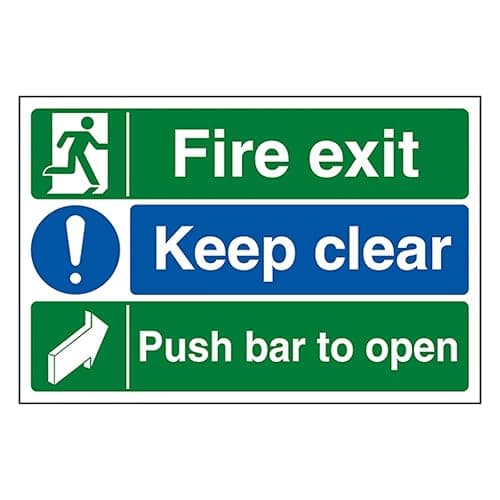 Image of V Safety Fire Exit/Keep Clear/Push Bar To Open 300 x 200 mm - 1mm Rigid Plastic Safety Sign