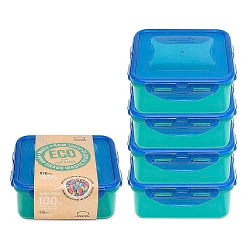 Image of LocknLock Eco Square Food Containers with Lids Set of 5 - Plastic Airtight & Watertight Food Storage Containers, BPA Free & Dishwasher Safe, 5 x 870ml
