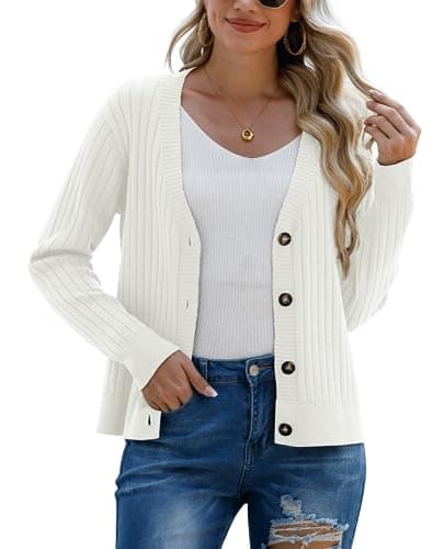 Image of PrinStory Women's Cardigan Long Sleeve Knit Open Front Sweater Button Down Cardigan Outerwear Coat (Beige, L)