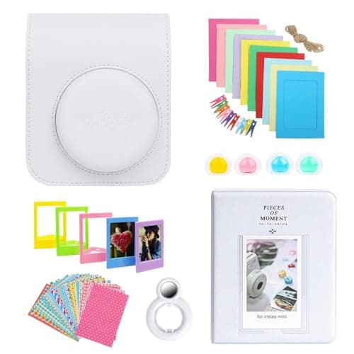 Image of Clikoze Instant Camera Accessories Bundle - Includes Camera Case Compatible With Fujifilm Instax Mini 12, Mini Album Book, Selfie Mirror, Film Stickers x20, Colour Filters and More (Clay White)
