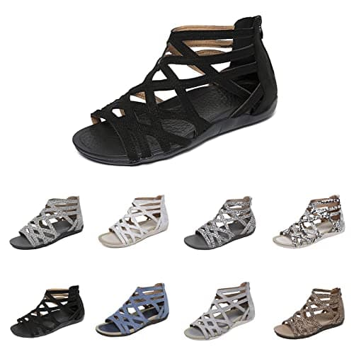Image of Women's Roman Gladiator Sandals Clearance Ladies Wide Fit Sandal Cross Straps Sandals Open Toe Sandals Slippers Back Zip Shoes with Cushioned Sole Hollow Out Comfort Walking Shoe Slides Summer Holiday