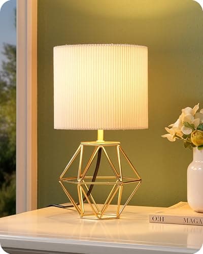 Image of EDISHINE Bedside Lamp, Table Lamp with Metal Cage Base & Linen Lampshade, Modern Lamps for Living Room Bedroom, E14 Socket Bulb Included (Gold Diamond)
