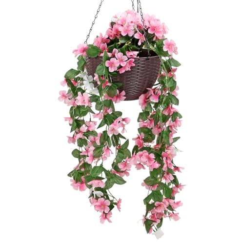 Image of Taylor & Brown Solar Powered Artificial Floral Outdoor Hanging Basket With 80 LED's Brown Rattan Effect Planter for Patio Lawn Garden Landscape Décor with Chain