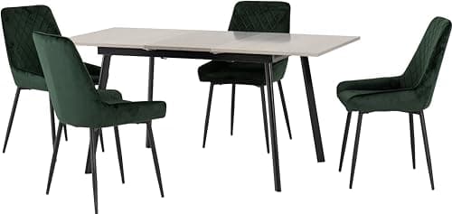 Image of Seconique Avery Extending Dining Set with 4 Chairs in Concrete/Emerald Green Velvet