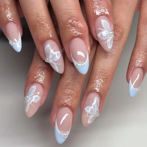 Image of 24PCS Press on Nails Almond - French Manicure Stick on Nails - Light Blue False nails French Tip - Pearl Petal Fake Nails with Glue - Medium Length Acrylic Nail Tips for Women Full Cover Long Lasting