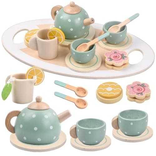 Image of Bezavea 15PCS Wooden Tea Set for Toddlers, Pretend Play Tea Party Set, Children Tea Party Set with Play Food Dessert Tray Teapot Kitchen Accessories, Birthday Gifts for 3 4 5 6 7 Year Olds Girls Boy