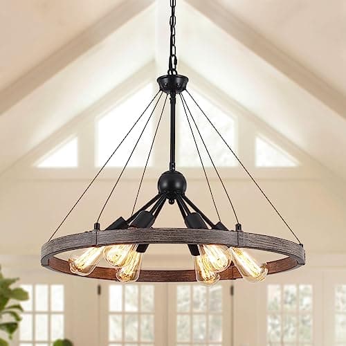 Image of MRHYSWD Wagon Wheel Chandeliers Ceiling Light for Living Room, 6 Lights Rustic Industrial Outdoor Chandelier Black Pendant Light Fitting for Dining Room Kitchen Hallway Bedroom, Height Adjustment