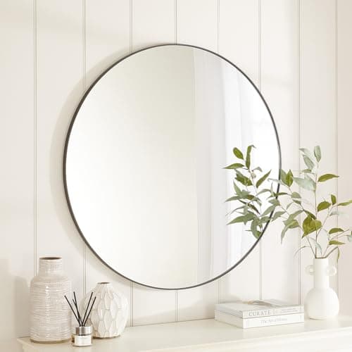 Image of Chic Large Round Wall Mirror | Diameter 100cm | Black Metal Frame | Mirrored Safety Glass | Modern Circle Contemporary Design | Make Up Dressing | Hallway, Bedroom, Living, Dining Room