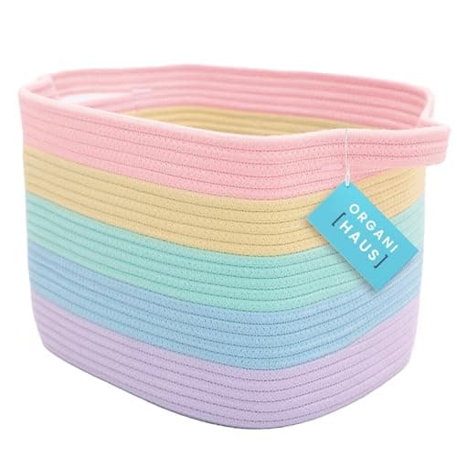 Image of OrganiHaus Rainbow Storage Baskets for Shelves & Bathroom, Small Laundry Basket, Cotton Rope Woven Organiser for Clothes, Toys & Towels, Decorative Home Storage Box - 34x28x24cm