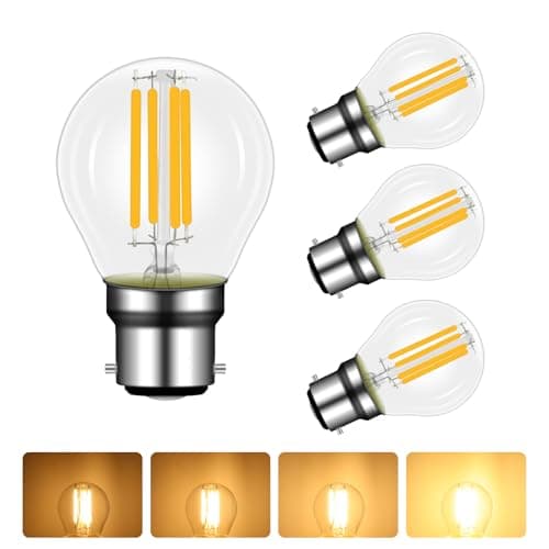 Image of 4 Pack 4W B22 LED G45 Filament Golf Ball Bulb Dimmable, Warm White 2700K, 40W Equivalent, Bayonet Cap, 400lm, B22 LED Glass Globe Bulb, Transparent, Energy Saving Light, for Chandelier, Desk Lamp