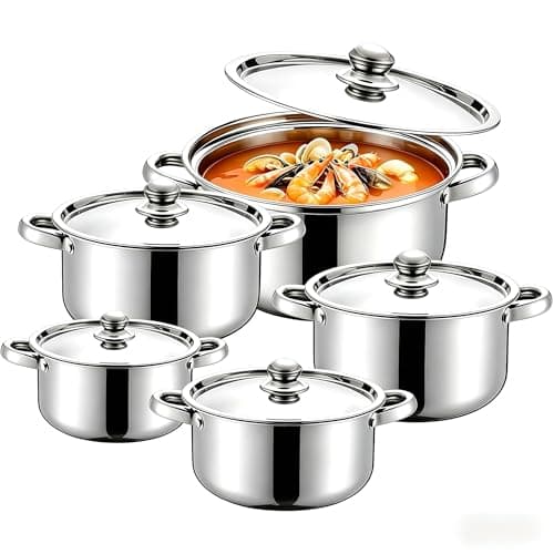 Image of 5PCS Stainless Steel Cookware Set with Glass Lids, Induction Compatible Cooking Pots & Pans, Casserole, Frypan, Saucepan, Stockpot Set Dishwasher Safe Kitchen Cookware Set (18/20/22/24/26cm) (Silver)
