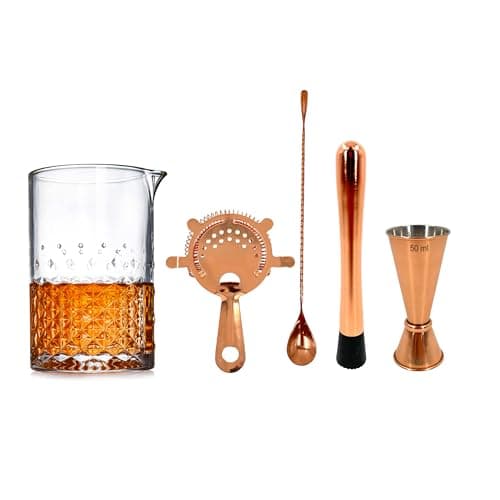 Image of Chabrias Ltd Stainless Steel Copper Finish Cocktail Set – 5-Piece Cocktail Mixing Glass Kit with 24oz Mixing Glass, Hawthorne Strainer, Jigger, Bar Spoon & Muddler for Home or Professional Bar Use