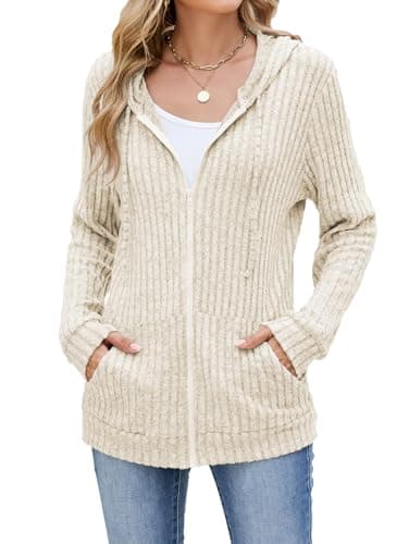 Image of iChunhua Ladies Hoodies Zip up Jumpers Longline Hooded Cardigans Lightweight Jacket with Pockets (Beige, Medium)