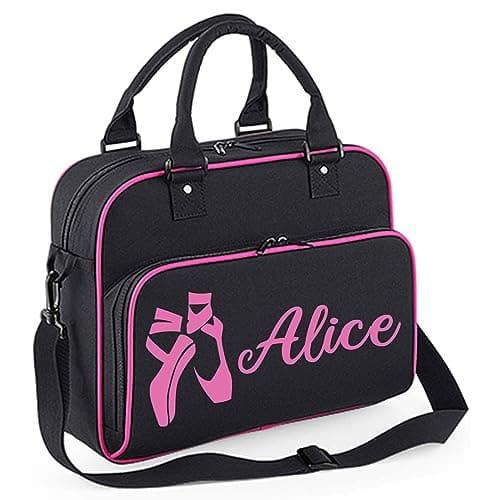 Image of Personalised Girls Dance Bag 15L with Adjustable Strap & Zip Pocket - Ballet Bags with Name - Dancer Gifts (Black/Pink)